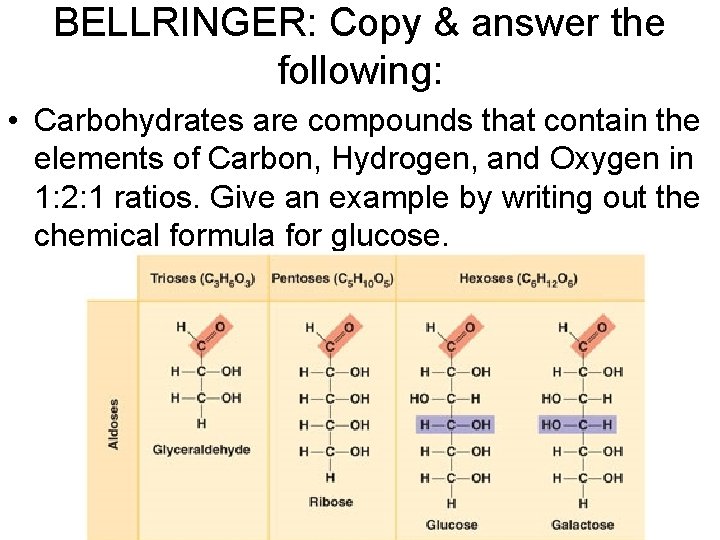 BELLRINGER: Copy & answer the following: • Carbohydrates are compounds that contain the elements