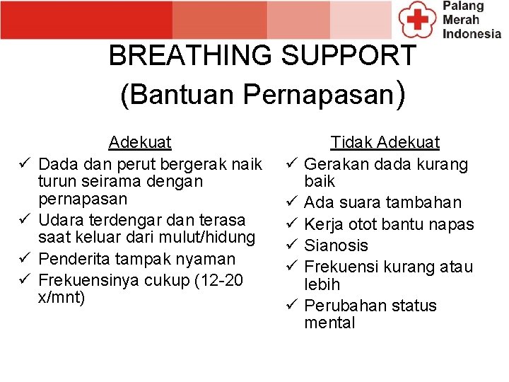 BREATHING SUPPORT (Bantuan Pernapasan) ü ü Adekuat Dada dan perut bergerak naik turun seirama