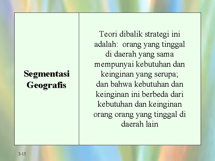 Segmentasi Geografis 3 -15 Teori dibalik strategi ini adalah: orang yang tinggal di daerah