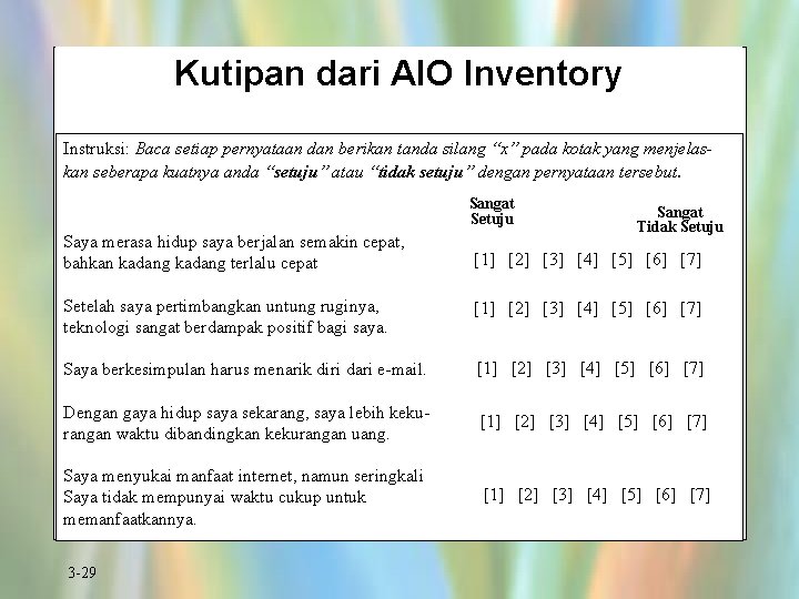 Kutipan dari AIO Inventory Instruksi: Baca setiap pernyataan dan berikan tanda silang “x” pada