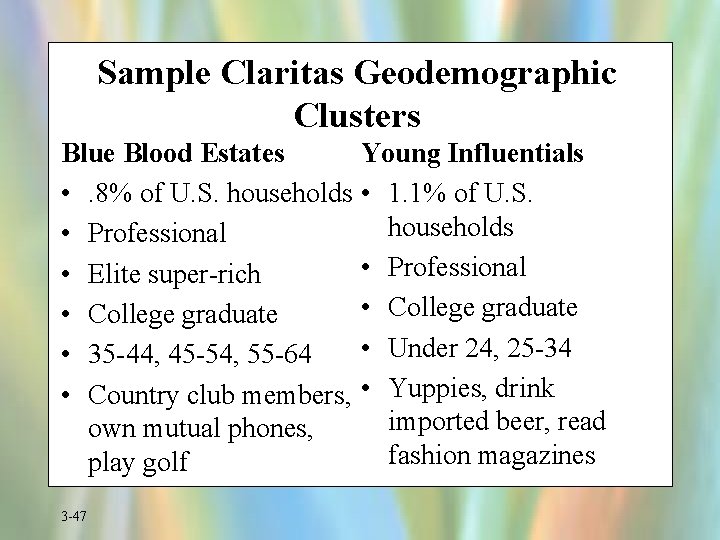 Sample Claritas Geodemographic Clusters Blue Blood Estates • . 8% of U. S. households