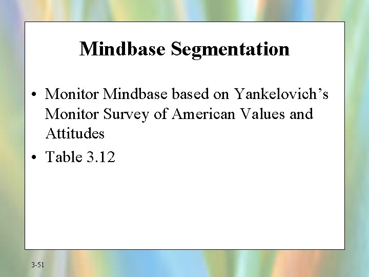 Mindbase Segmentation • Monitor Mindbased on Yankelovich’s Monitor Survey of American Values and Attitudes