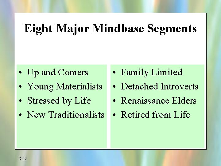 Eight Major Mindbase Segments • • 3 -52 Up and Comers Young Materialists Stressed