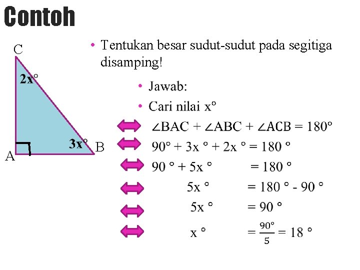 Contoh • Tentukan besar sudut-sudut pada segitiga disamping! C A B 