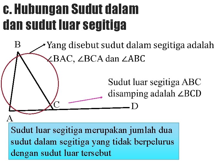 c. Hubungan Sudut dalam dan sudut luar segitiga B C D A Sudut luar