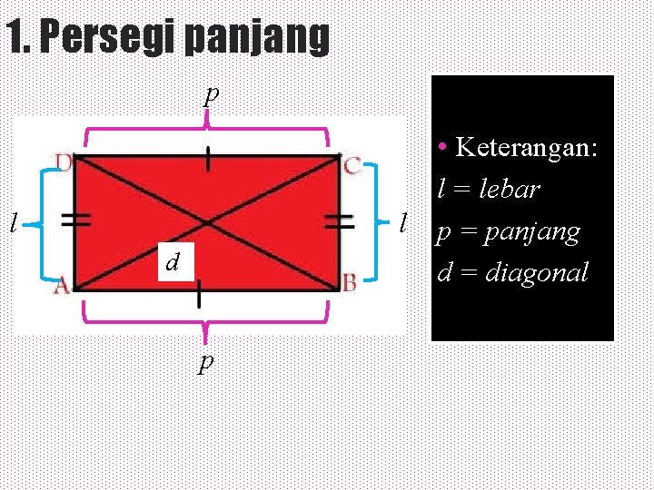 1. Persegi panjang p l l d p • Keterangan: l = lebar p