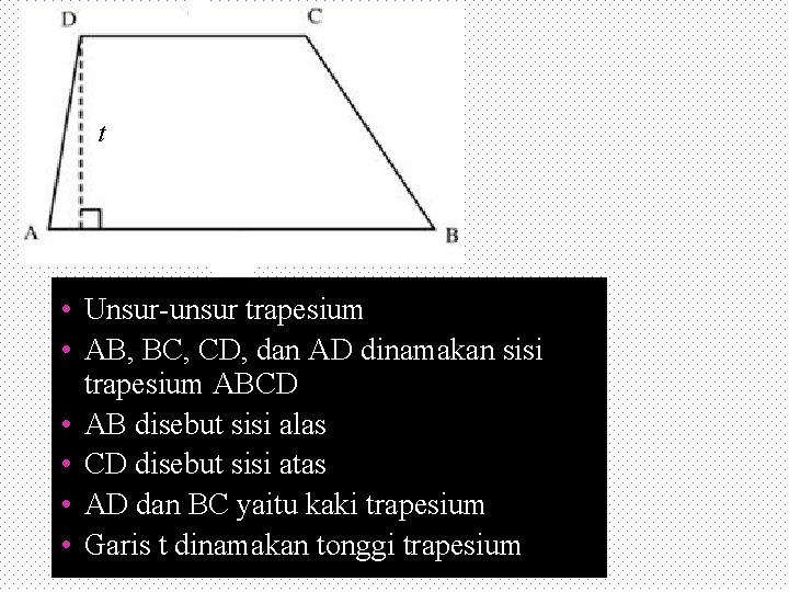 t • Unsur-unsur trapesium • AB, BC, CD, dan AD dinamakan sisi trapesium ABCD