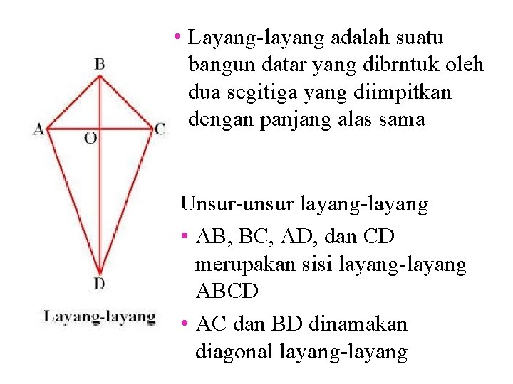  • Layang-layang adalah suatu bangun datar yang dibrntuk oleh dua segitiga yang diimpitkan