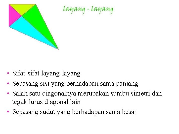  • Sifat-sifat layang-layang • Sepasang sisi yang berhadapan sama panjang • Salah satu