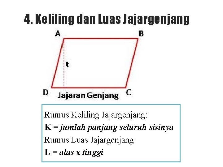 4. Keliling dan Luas Jajargenjang Rumus Keliling Jajargenjang: K = jumlah panjang seluruh sisinya