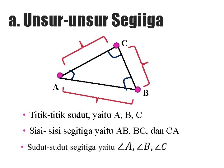a. Unsur-unsur Segiiga C A B • Titik-titik sudut, yaitu A, B, C •