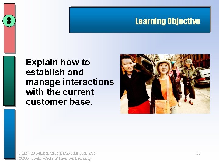 3 Learning Objective Explain how to establish and manage interactions with the current customer