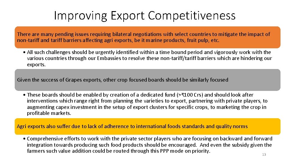 Improving Export Competitiveness There are many pending issues requiring bilateral negotiations with select countries