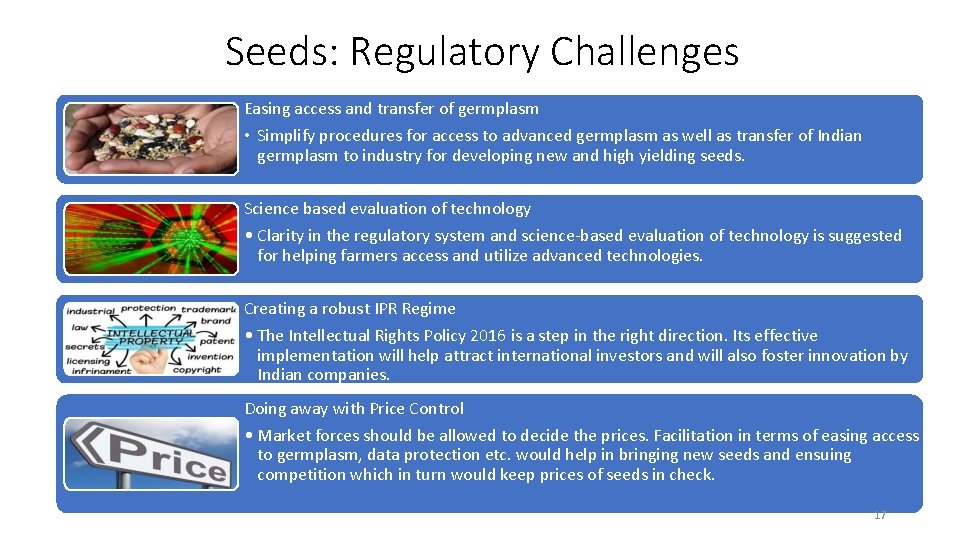Seeds: Regulatory Challenges Easing access and transfer of germplasm • Simplify procedures for access