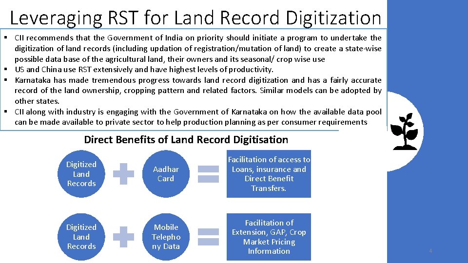 Leveraging RST for Land Record Digitization § CII recommends that the Government of India