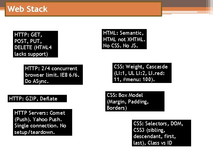 Web Stack HTTP: GET, POST, PUT, DELETE (HTML 4 lacks support) HTTP: 2/4 concurrent