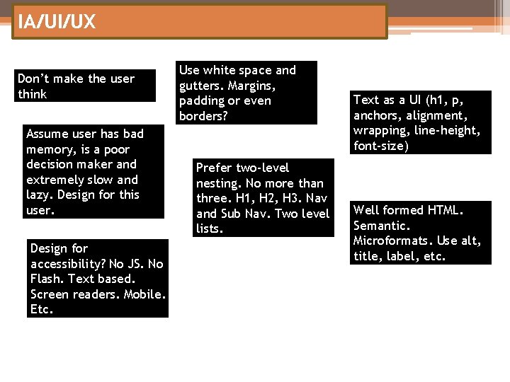 IA/UI/UX Don’t make the user think Assume user has bad memory, is a poor