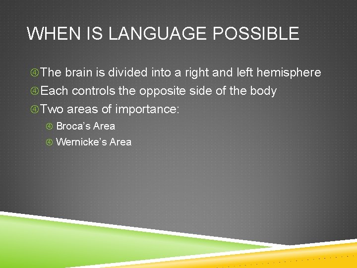 WHEN IS LANGUAGE POSSIBLE The brain is divided into a right and left hemisphere