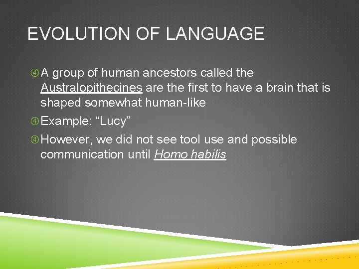 EVOLUTION OF LANGUAGE A group of human ancestors called the Australopithecines are the first