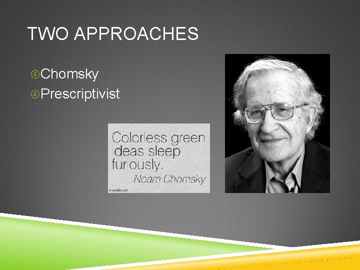 TWO APPROACHES Chomsky Prescriptivist 