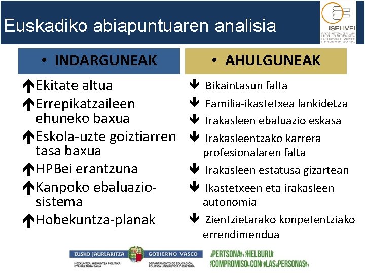 Euskadiko abiapuntuaren analisia • INDARGUNEAK éEkitate altua éErrepikatzaileen ehuneko baxua éEskola-uzte goiztiarren tasa baxua