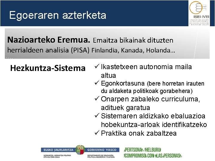 Egoeraren azterketa Nazioarteko Eremua. Emaitza bikainak dituzten herrialdeen analisia (PISA) Finlandia, Kanada, Holanda… Hezkuntza-Sistema