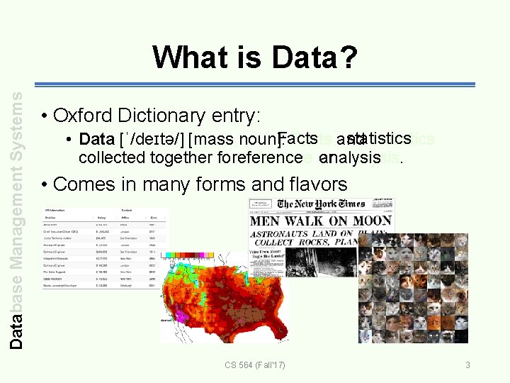 Database Management Systems What is Data? • Oxford Dictionary entry: statistics Facts • Data