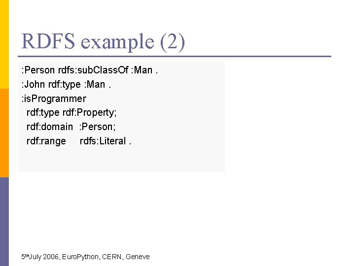 RDFS example (2) : Person rdfs: sub. Class. Of : Man. : John rdf: