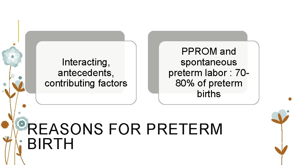 Interacting, antecedents, contributing factors PPROM and spontaneous preterm labor : 7080% of preterm births