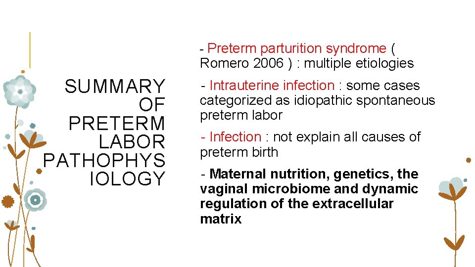 - Preterm parturition syndrome ( Romero 2006 ) : multiple etiologies SUMMARY OF PRETERM