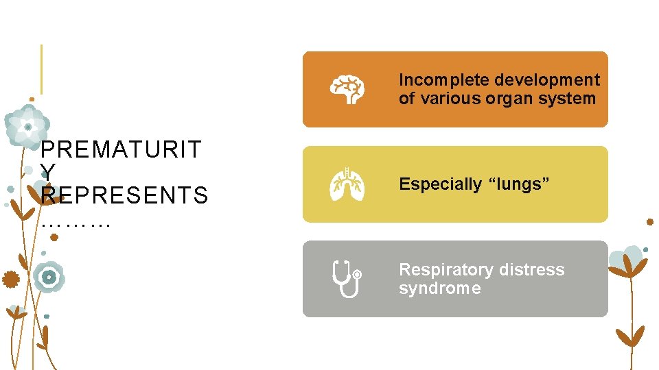 Incomplete development of various organ system PREMATURIT Y REPRESENTS ……… Especially “lungs” Respiratory distress