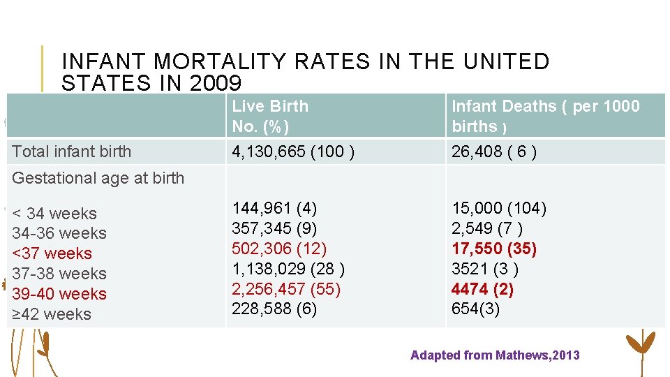 INFANT MORTALITY RATES IN THE UNITED STATES IN 2009 Total infant birth Live Birth