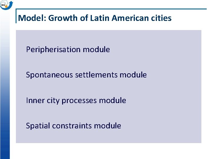 Model: Growth of Latin American cities Peripherisation module Spontaneous settlements module Inner city processes