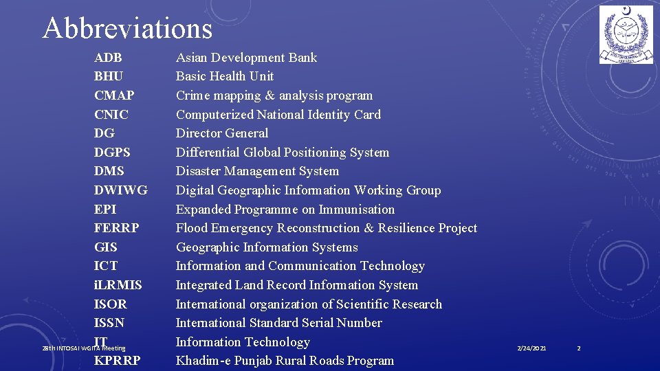 Abbreviations ADB BHU CMAP CNIC DG DGPS DMS DWIWG EPI FERRP GIS ICT i.
