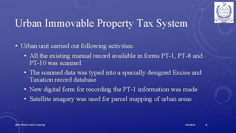 Urban Immovable Property Tax System • Urban unit carried out following activities: • All