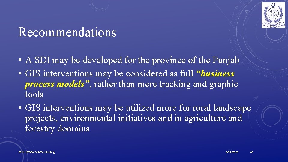 Recommendations • A SDI may be developed for the province of the Punjab •