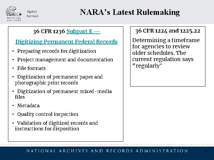 NARA’s Latest Rulemaking 36 CFR 1236 Subpart E — Digitizing Permanent Federal Records •