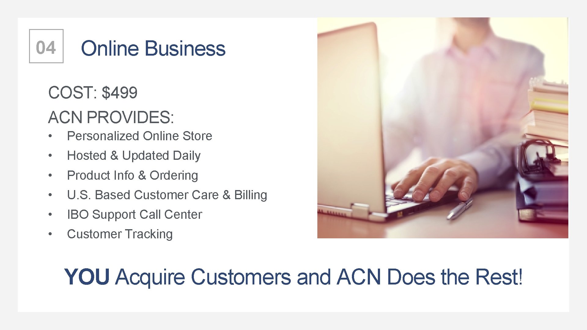 04 Online Business COST: $499 ACN PROVIDES: • Personalized Online Store • Hosted &