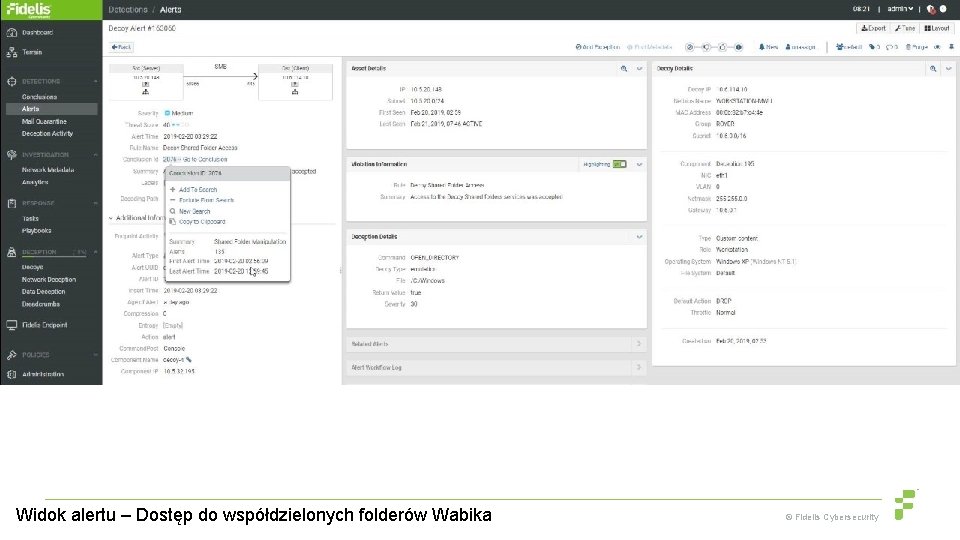 Widok alertu – Dostęp do współdzielonych folderów Wabika © Fidelis Cybersecurity 