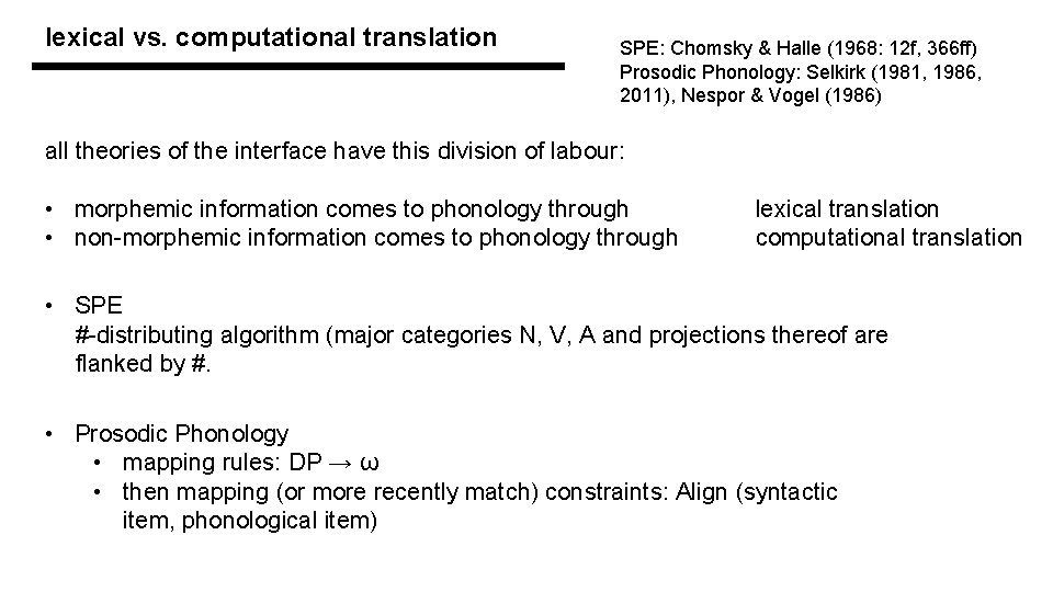 lexical vs. computational translation SPE: Chomsky & Halle (1968: 12 f, 366 ff) Prosodic