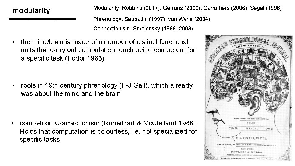 modularity Modularity: Robbins (2017), Gerrans (2002), Carruthers (2006), Segal (1996) Phrenology: Sabbatini (1997), van