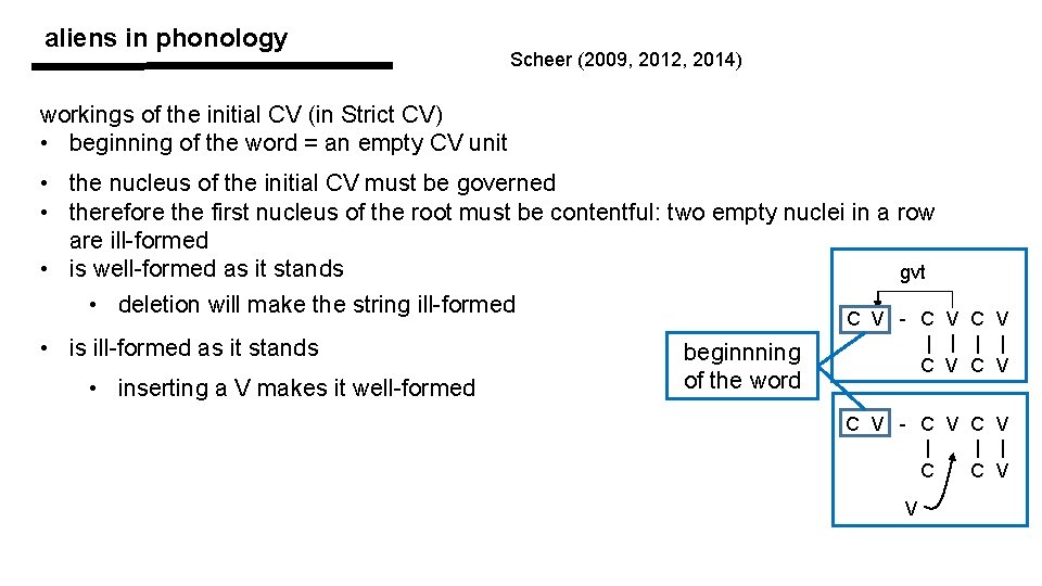 aliens in phonology Scheer (2009, 2012, 2014) workings of the initial CV (in Strict