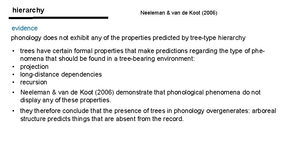 hierarchy Neeleman & van de Koot (2006) evidence phonology does not exhibit any of