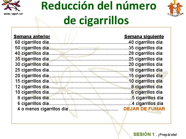Reducción del número de cigarrillos Semana anterior Semana siguiente 60 cigarrillos día. . .