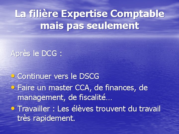 La filière Expertise Comptable mais pas seulement Après le DCG : • Continuer vers