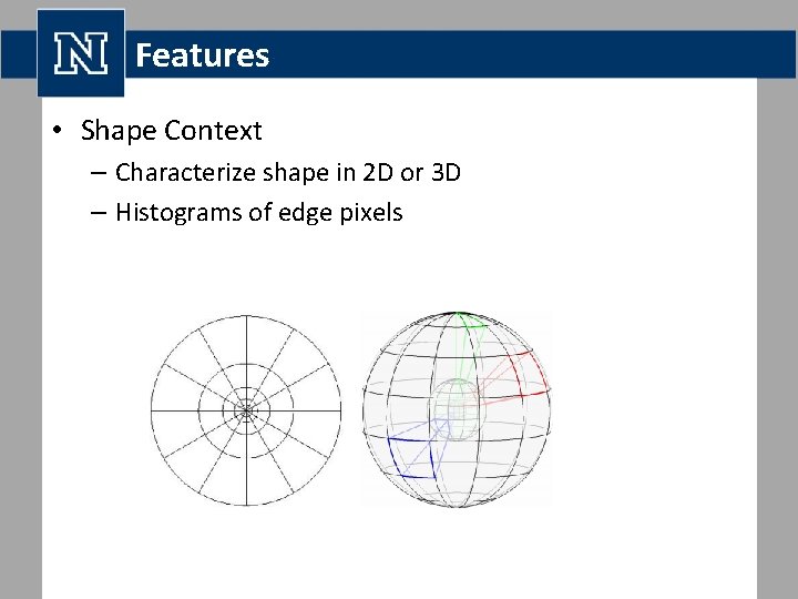 Features • Shape Context – Characterize shape in 2 D or 3 D –