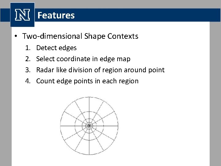 Features • Two-dimensional Shape Contexts 1. 2. 3. 4. Detect edges Select coordinate in