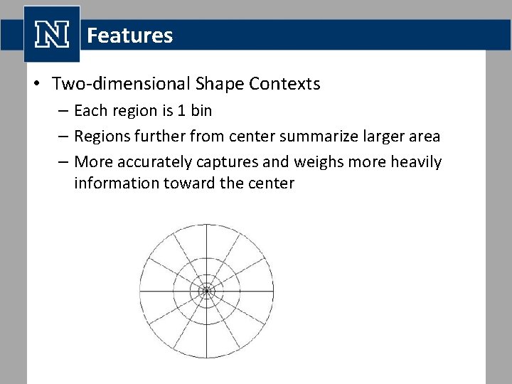 Features • Two-dimensional Shape Contexts – Each region is 1 bin – Regions further