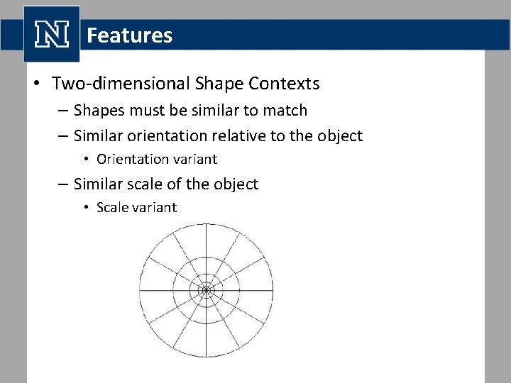 Features • Two-dimensional Shape Contexts – Shapes must be similar to match – Similar