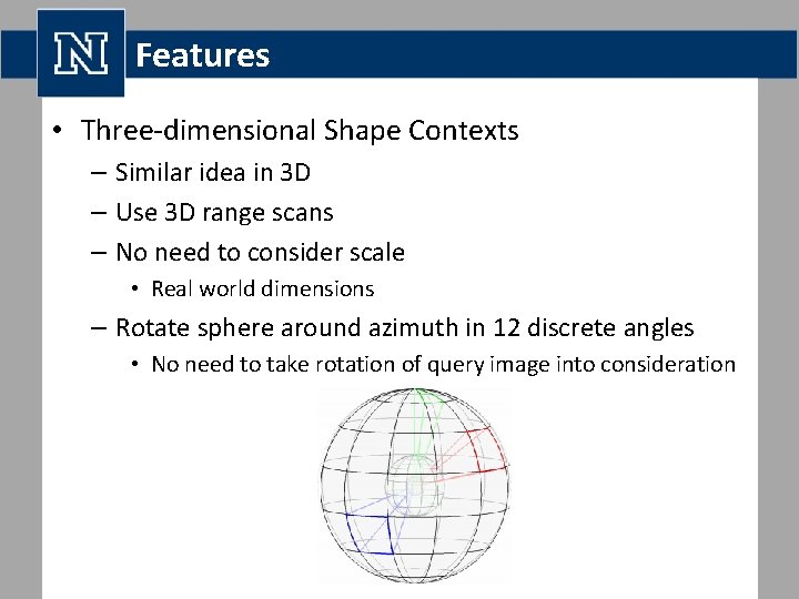 Features • Three-dimensional Shape Contexts – Similar idea in 3 D – Use 3